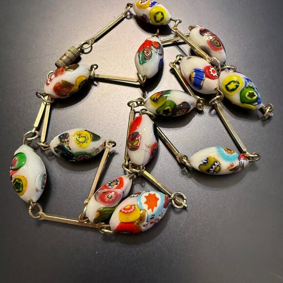 Vintage White Millefiori Murano Art Glass Gold Tone Necklace - Picture 6 of 10